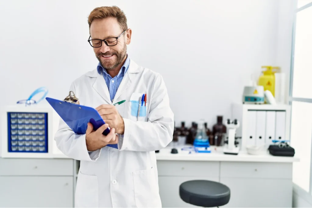 Smiling doctor in a lab coat writing on a clipboard in a medical office.