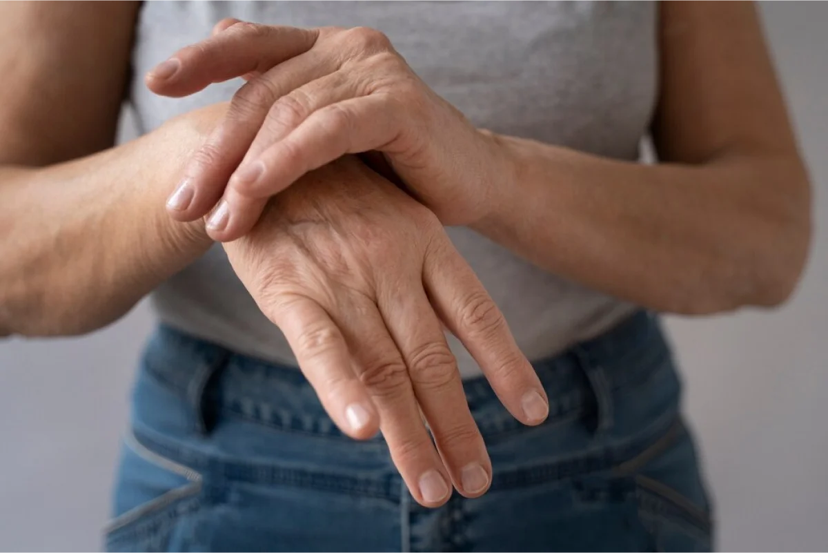 Rheumatologist in Dallas, TX 2 A woman holding her wrist with her opposite hand, suggesting wrist or hand joint discomfort, possibly arthritis.