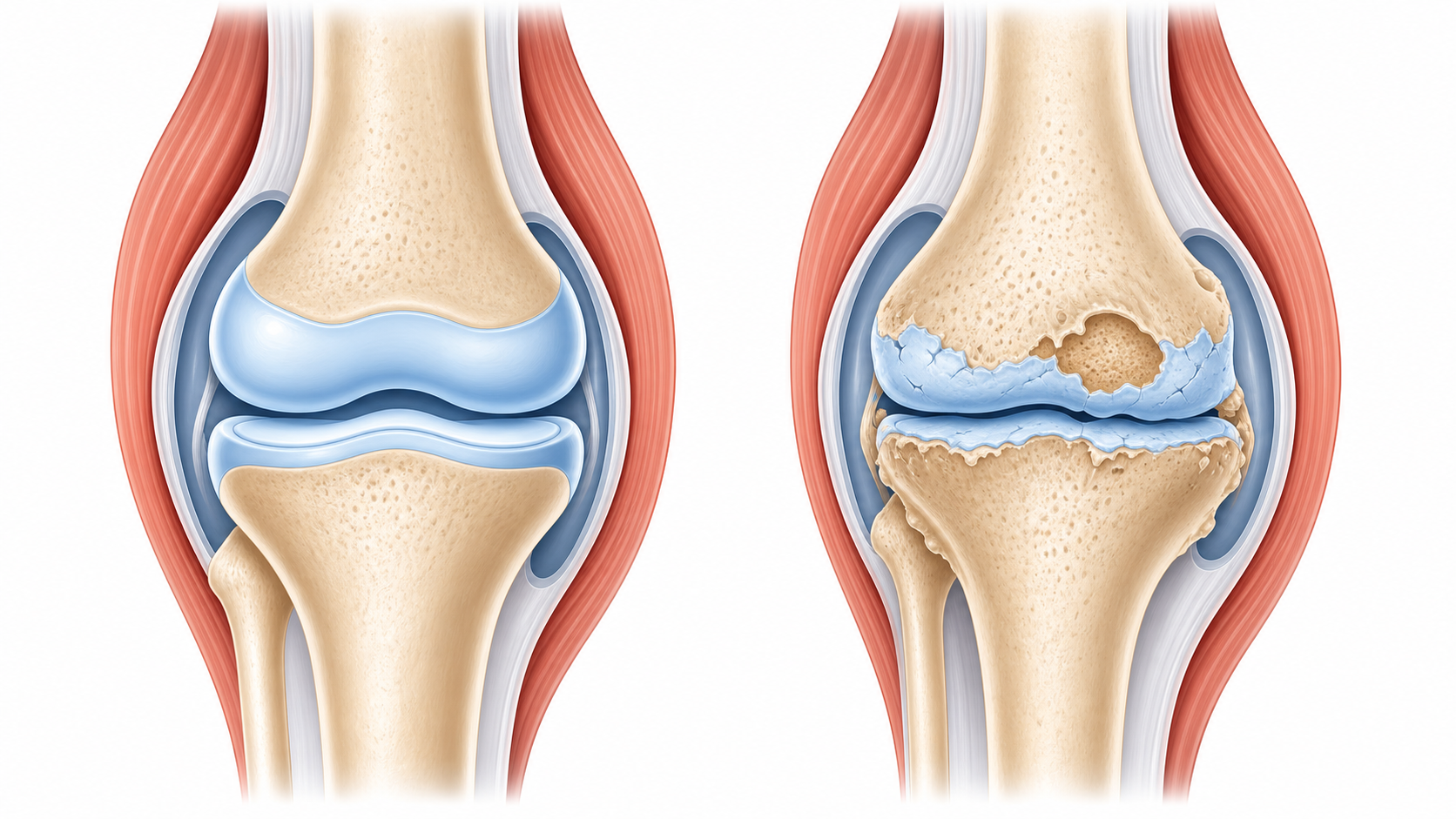 healthy knee joint compared with osteoarthritis joint showing cartilage wear and bone spurs