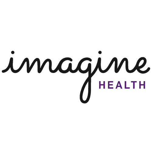 Black and purple Imagine Health logo on gray background