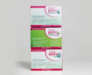 Three boxes of Omni-Biotic dietary supplements
