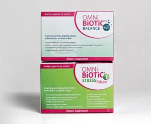 Two boxes of dietary supplements, Omnibiotic Balance and Omnibiotic Stress Release
