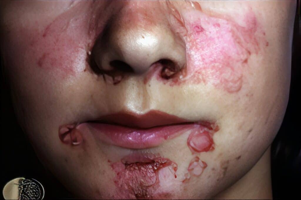 Face with severe skin inflammation and lesions.