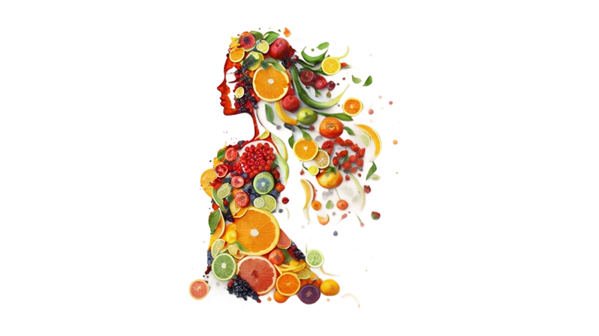 A woman's silhouette made of colorful fruits and slices.