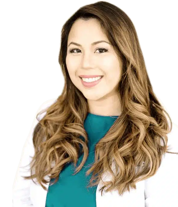 Smiling woman doctor in a white lab coat