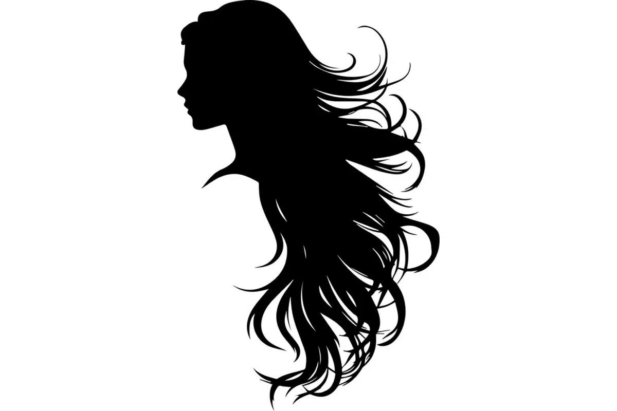 A black silhouette of a woman’s profile with long, flowing hair.
