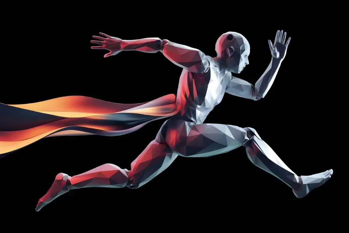 Geometric figure of a runner with a flowing cape in a dark background.